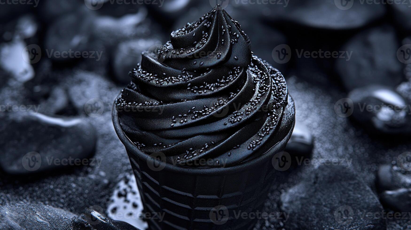 Dark dessert treat in waffle cone photo
