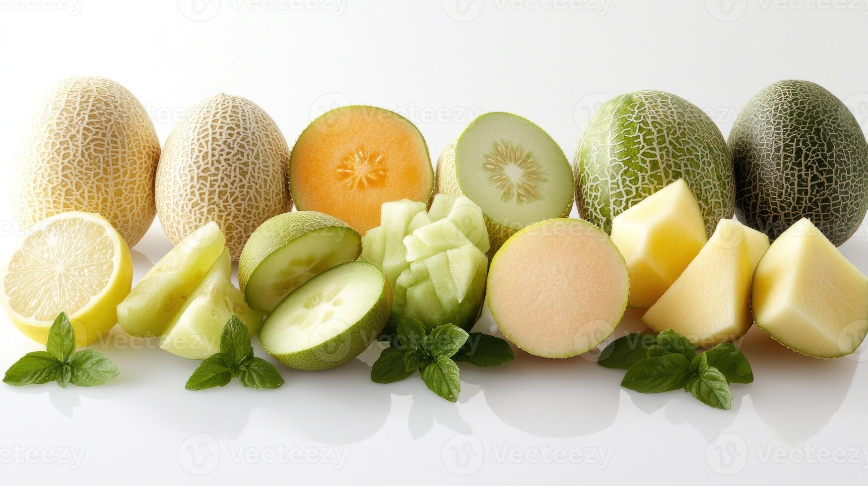 Assorted melon and cucumber slices with lemon photo