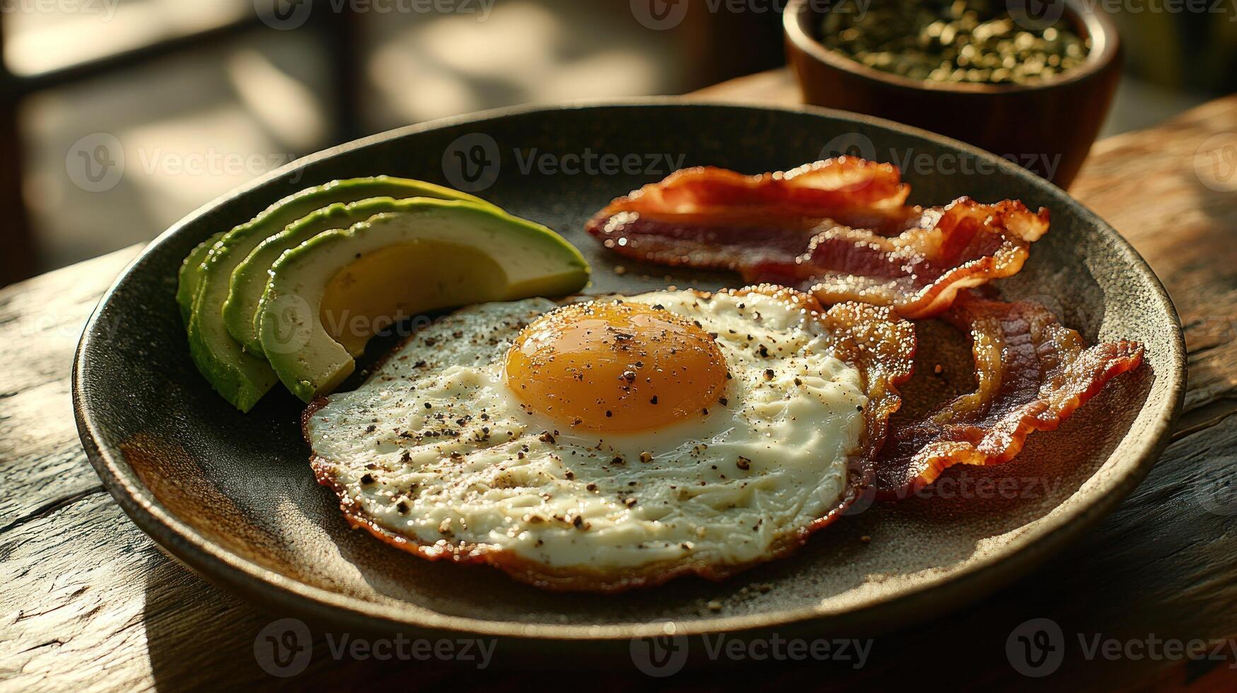 Breakfast with fried egg, bacon, and avocado photo