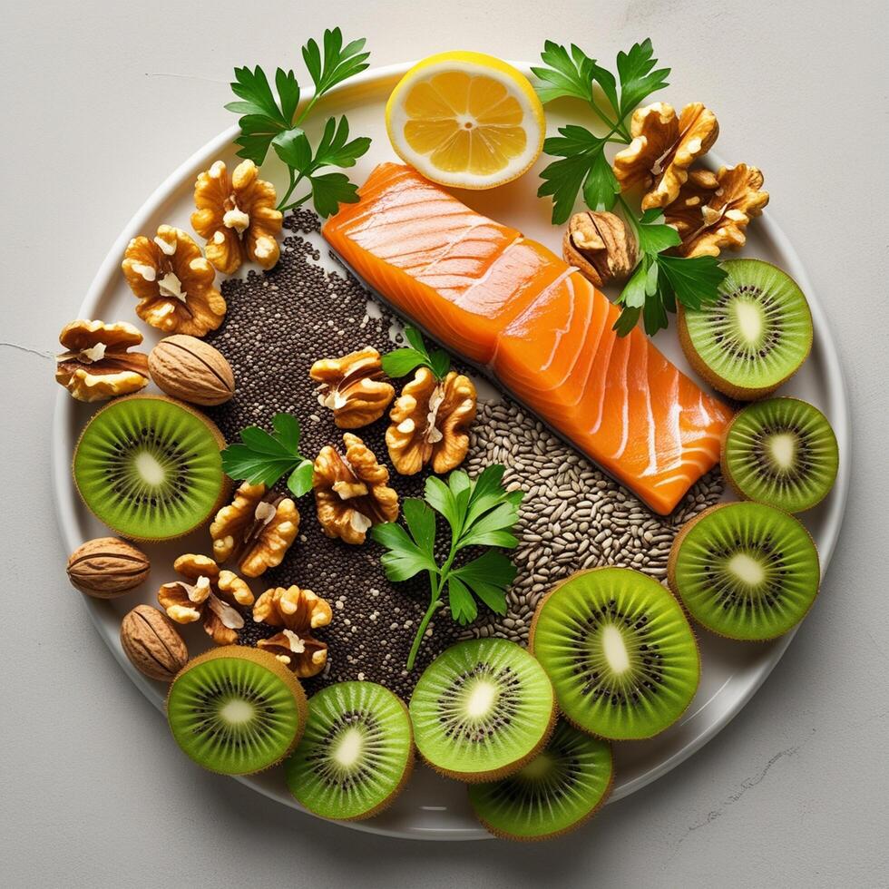 salmon, walnuts, kiwi, and almonds on a plate photo