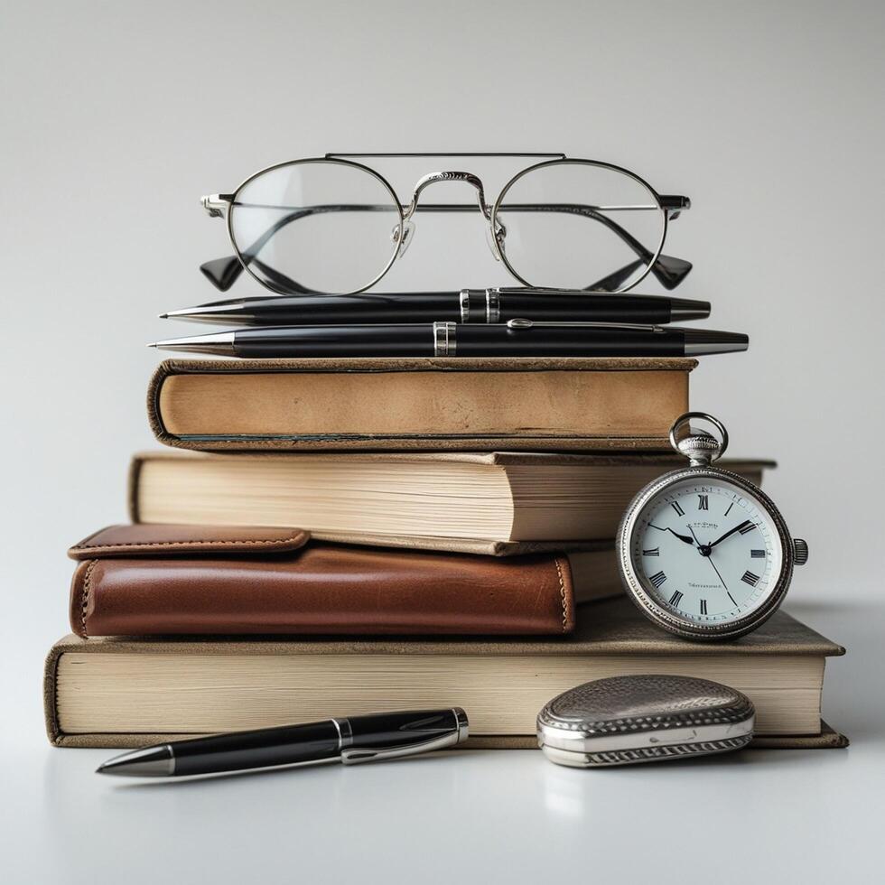 a stack of books, glasses, and a pocket watch photo
