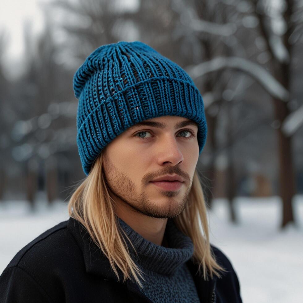 a man with long hair wearing a blue hat photo