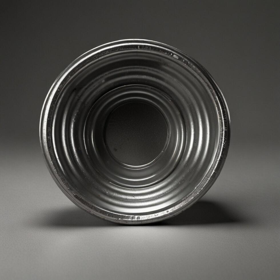 a tin can on a grey surface with a black background photo