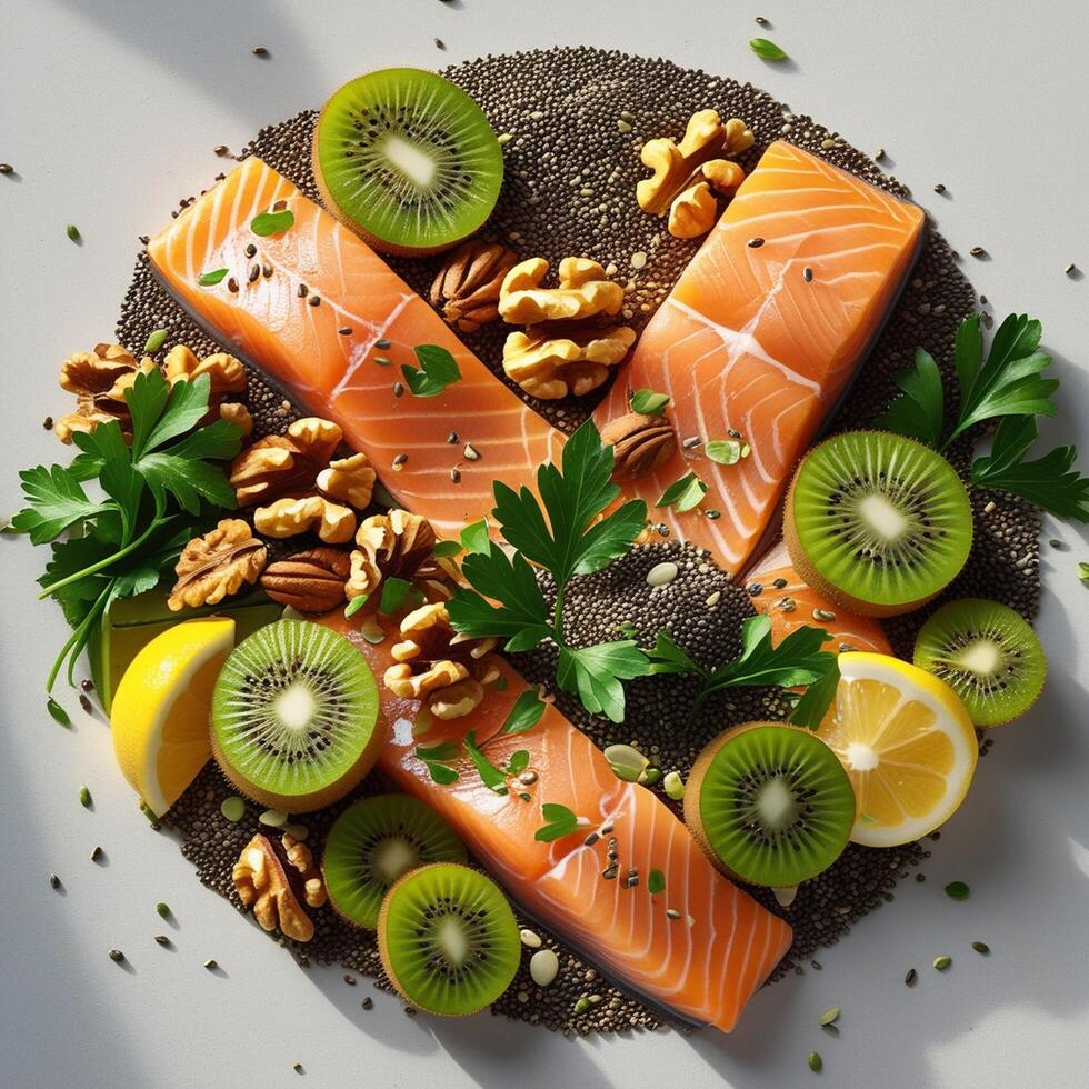 salmon, walnuts, and other fruits and vegetables arranged in a circle photo