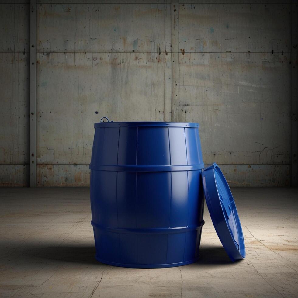 a blue barrel with a lid sitting on a concrete floor photo
