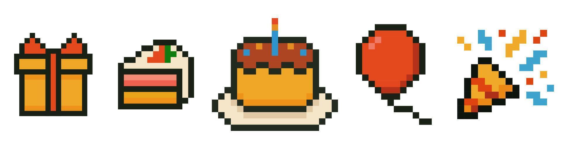 Birthday Pixel Art Set isolated on white background vector