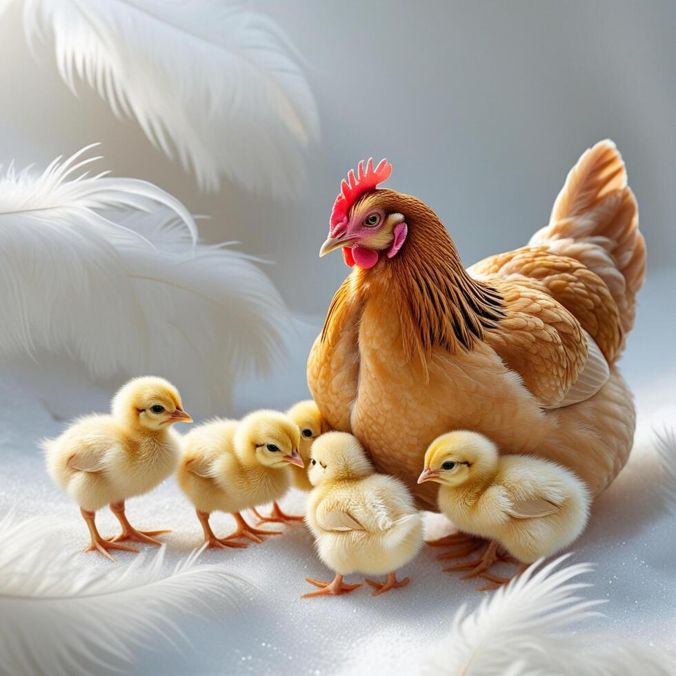 a chicken and her chicks are standing in front of a white feather photo