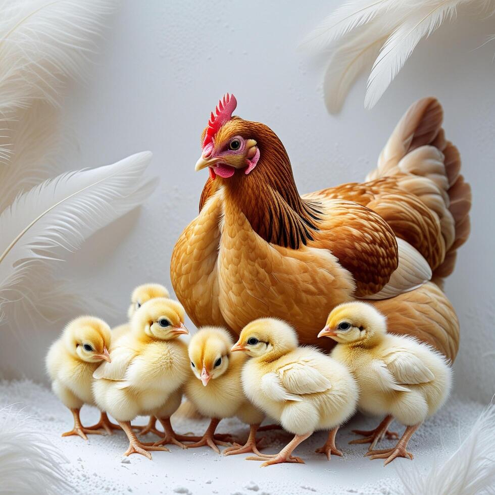 a chicken and her chicks are standing in front of a white background photo