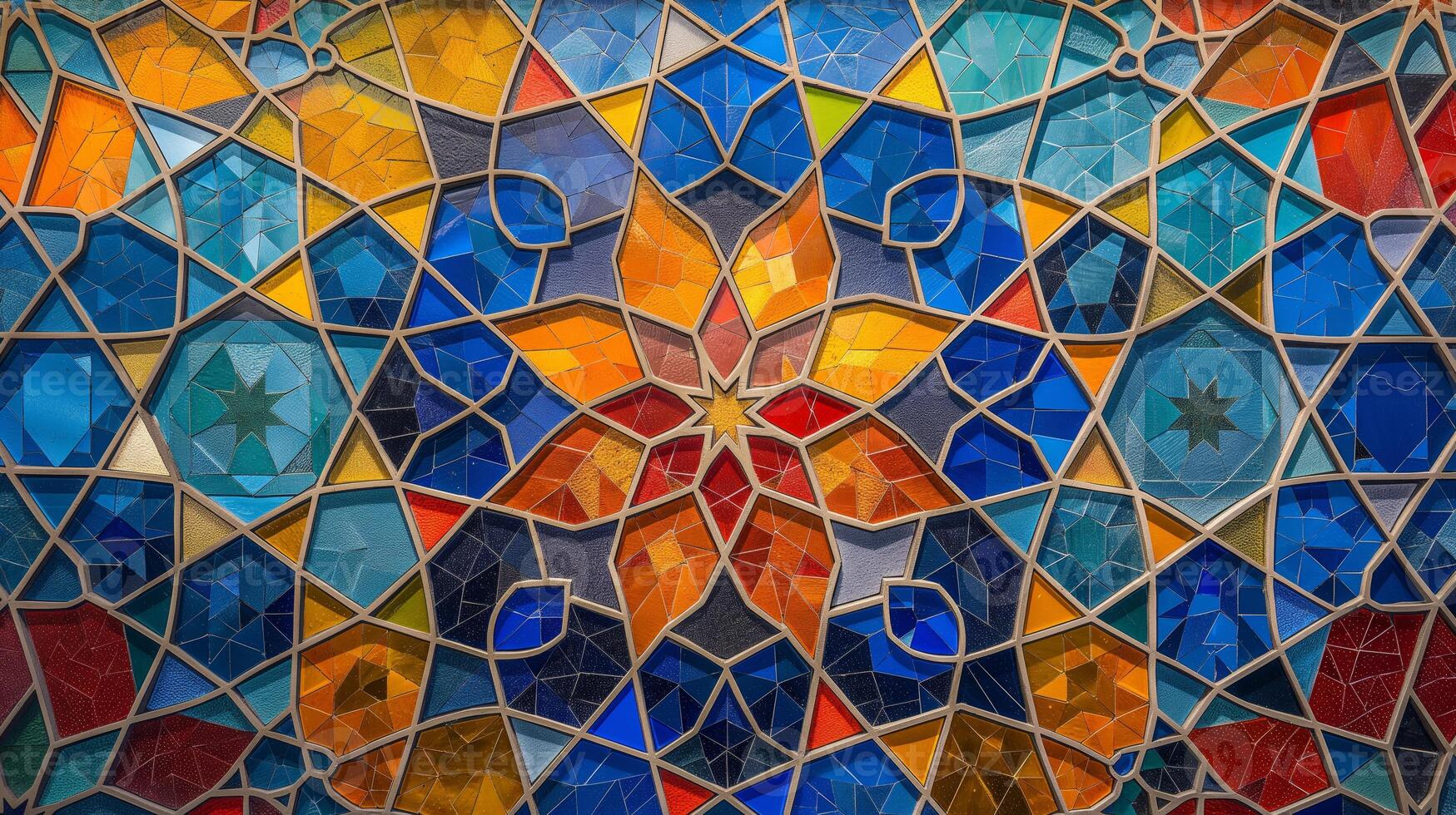 Vibrant mosaic artwork showcases an intricate design of geometric patterns with bold colors. photo