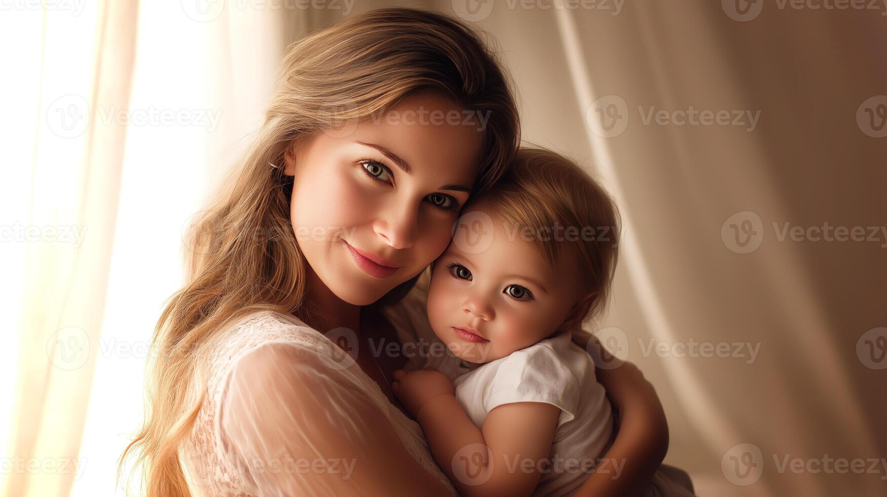 A mother holds her adorable baby close, both relaxing in a cozy environment filled with gentle sunlight, embracing a moment of love and comfort. photo