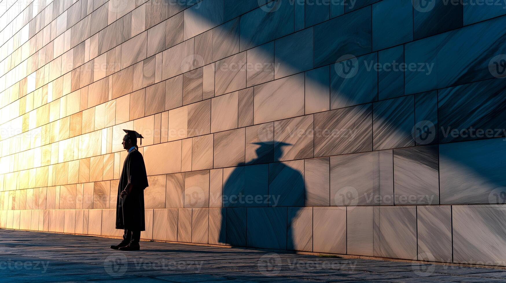 A graduate in a cap and gown stands quietly against a grand marble wall, their silhouette casting a dramatic shadow during sunset. photo