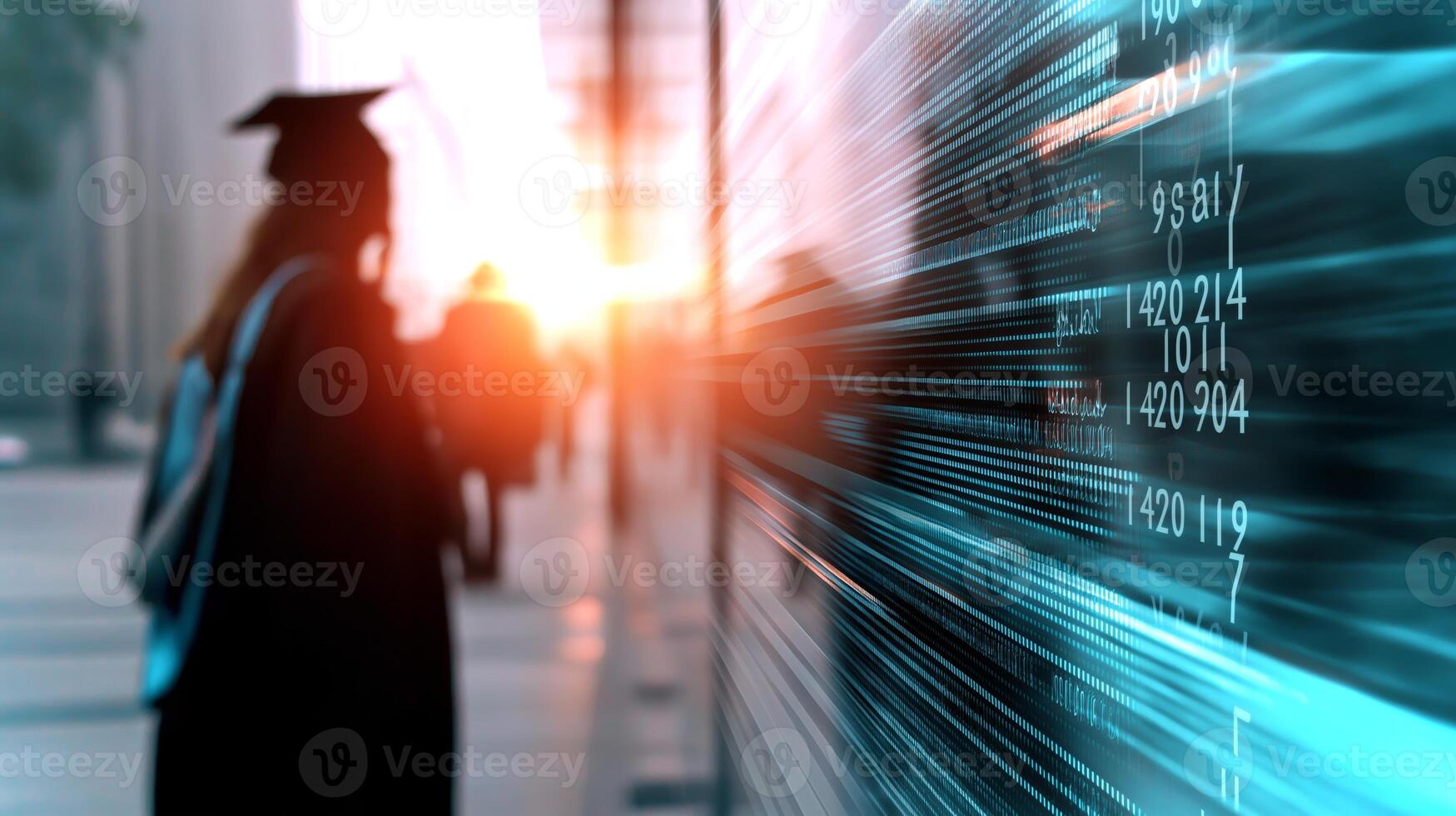 A graduate stands in front of a teleprompter showing motivational quotes as the sun sets, creating a reflective atmosphere filled with potential and hope. photo
