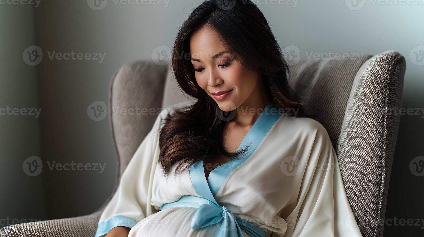 A serene moment captures a pregnant woman dressed in a cream robe with a light blue sash as she comfortably sits in a chair, reflecting on motherhood. photo