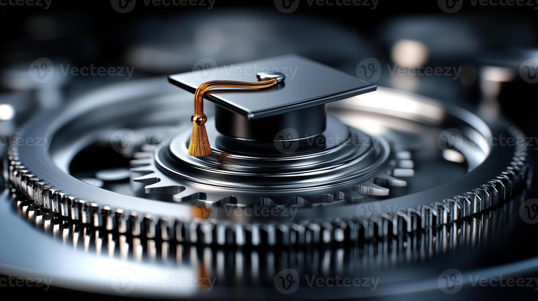 A graduation cap sits firmly between metallic gears, representing the fusion of education and innovation in a luxurious environment. photo