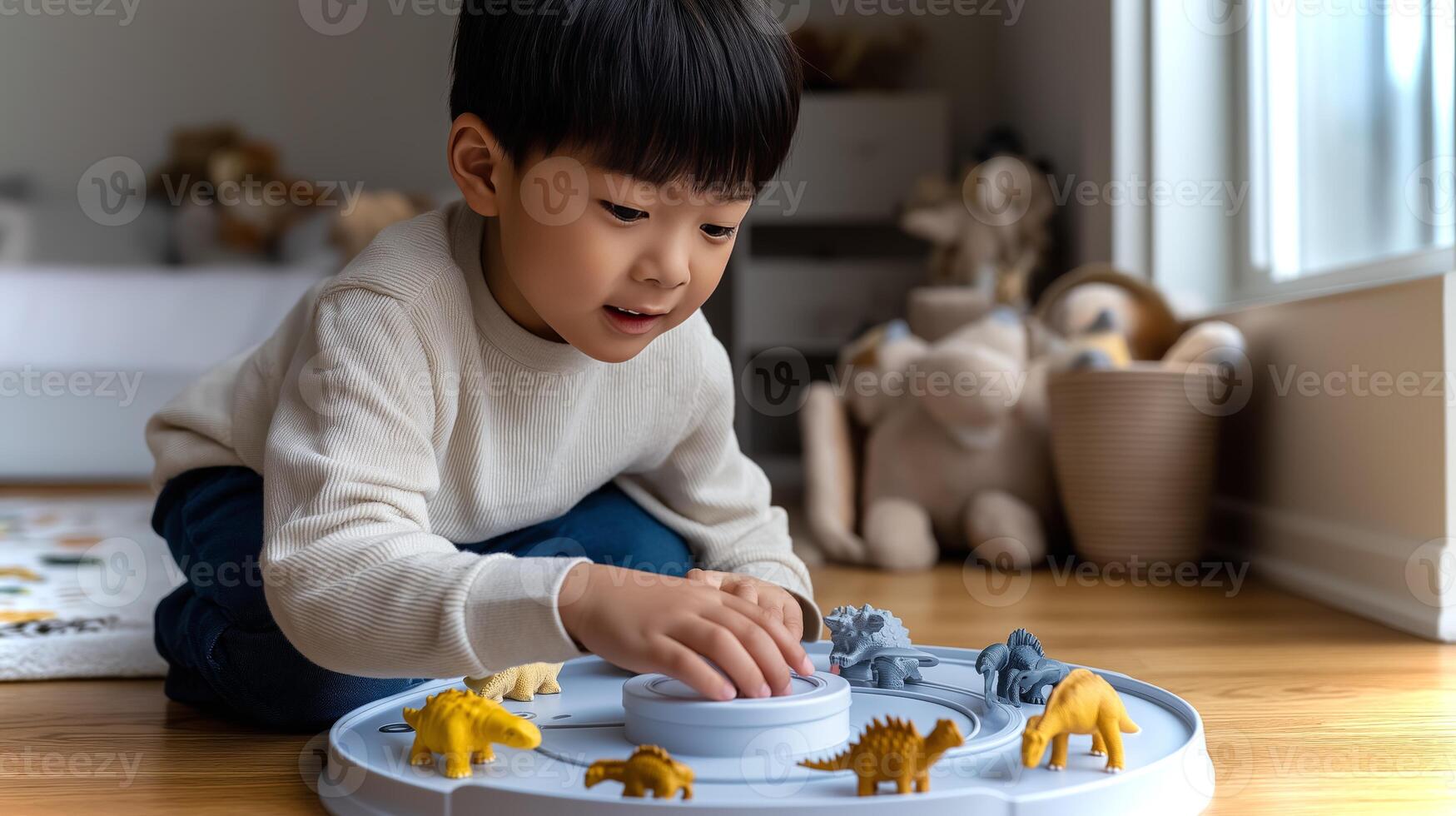 A young Korean boy is focusing on arranging his vibrant toy dinosaurs in a neat circle on the wooden floor, surrounded by a cozy playroom atmosphere. photo