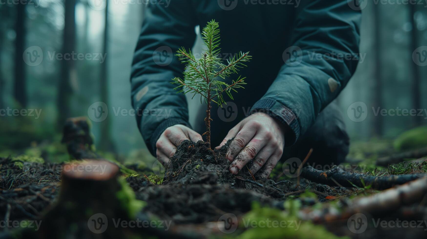 Hands carefully plant a young sapling into the rich, dark soil of a serene forest, highlighting efforts in reforestation and ecological preservation for future generations. photo