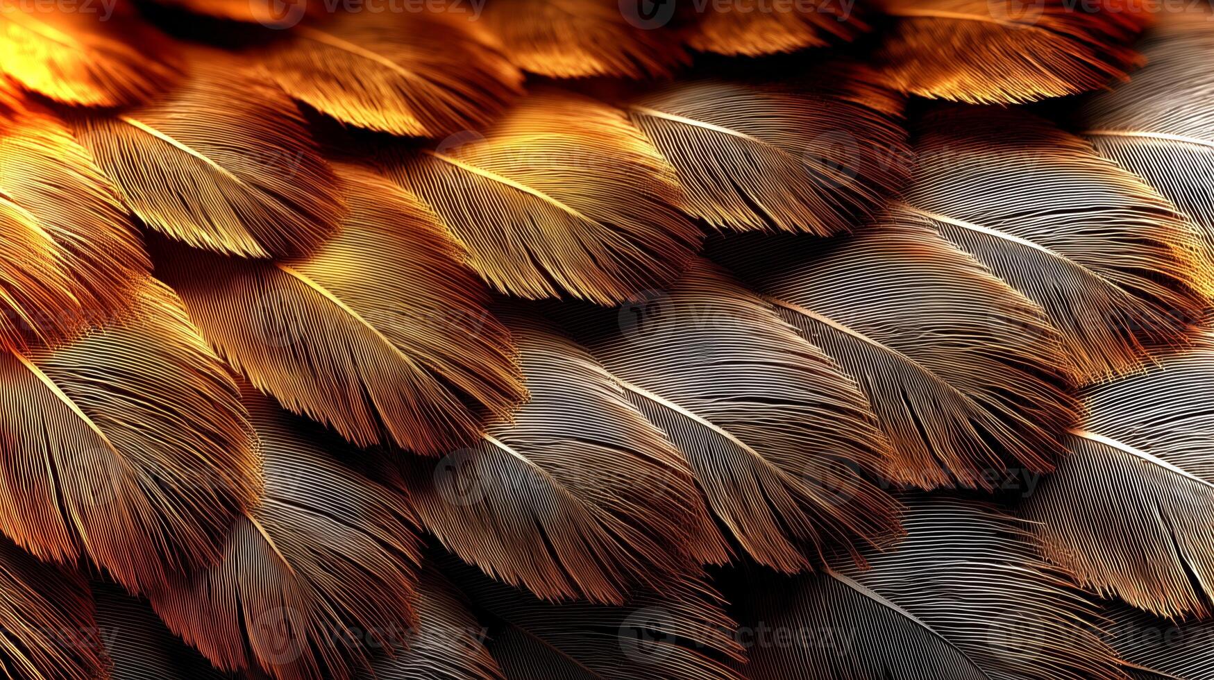 Layers of beautifully detailed feathers display warm colors and intricate textures, creating an ecological atmosphere in this artistic backdrop perfect for design. photo