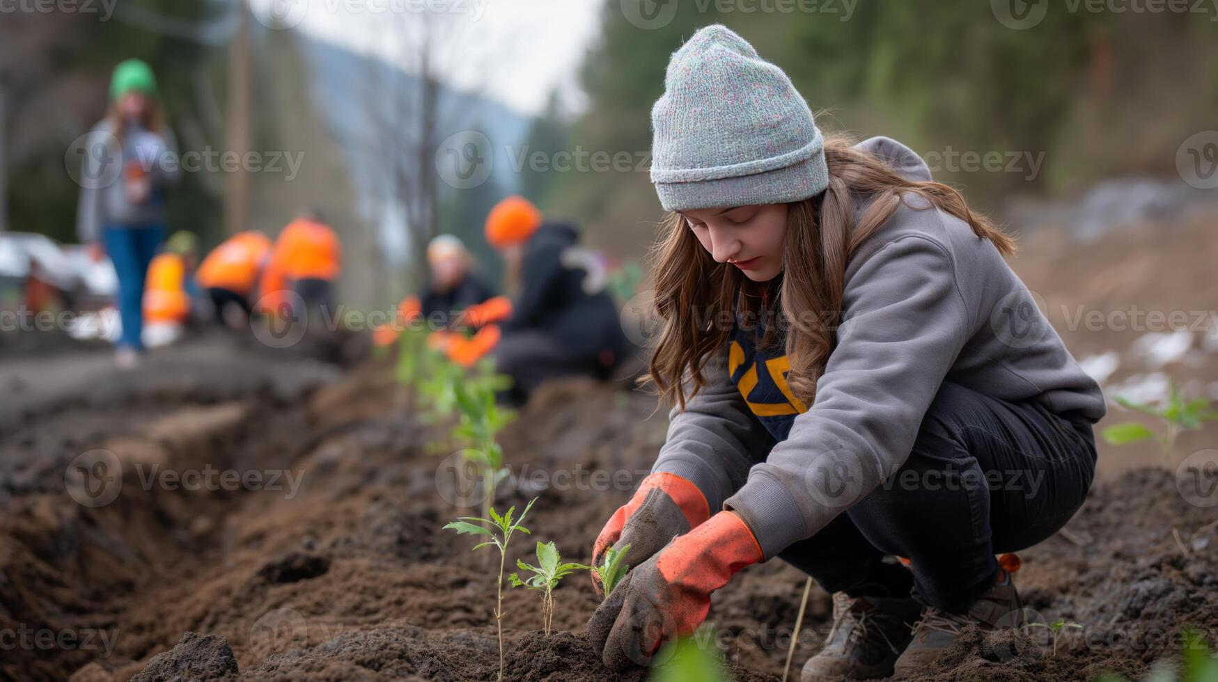 Participants engage in planting young trees in prepared soil, promoting environmental conservation and reforestation efforts in a rural landscape, fostering biodiversity and ecological health. photo
