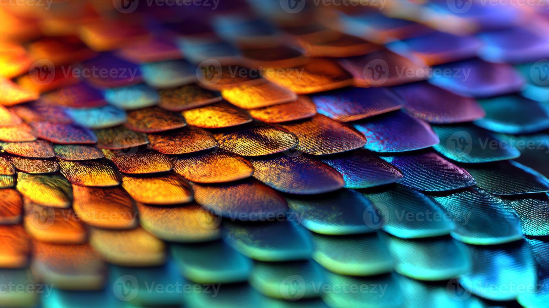 Close-up view reveals the iridescent texture of fish scales, showcasing a vibrant palette of colors reflecting light in an intricate pattern. photo
