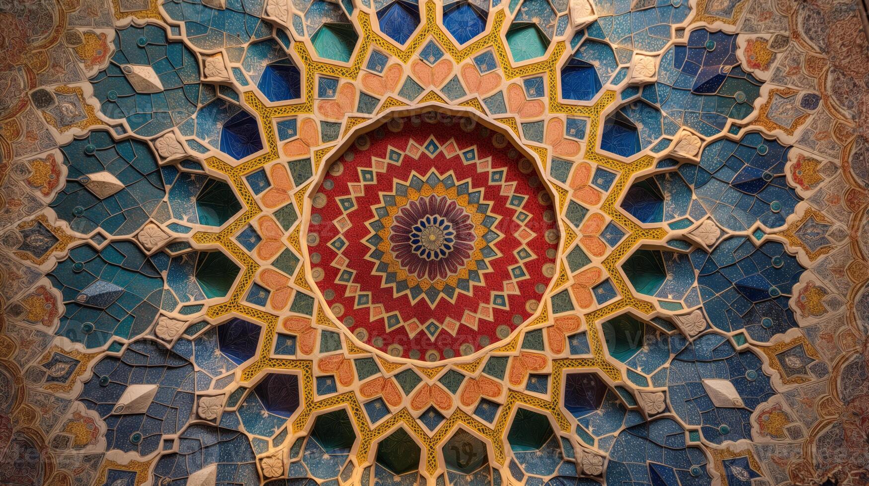 Vibrant mosaic artwork fills the dome ceiling with detailed geometric patterns in blues, reds, and yellows, showcasing artistic craftsmanship. photo