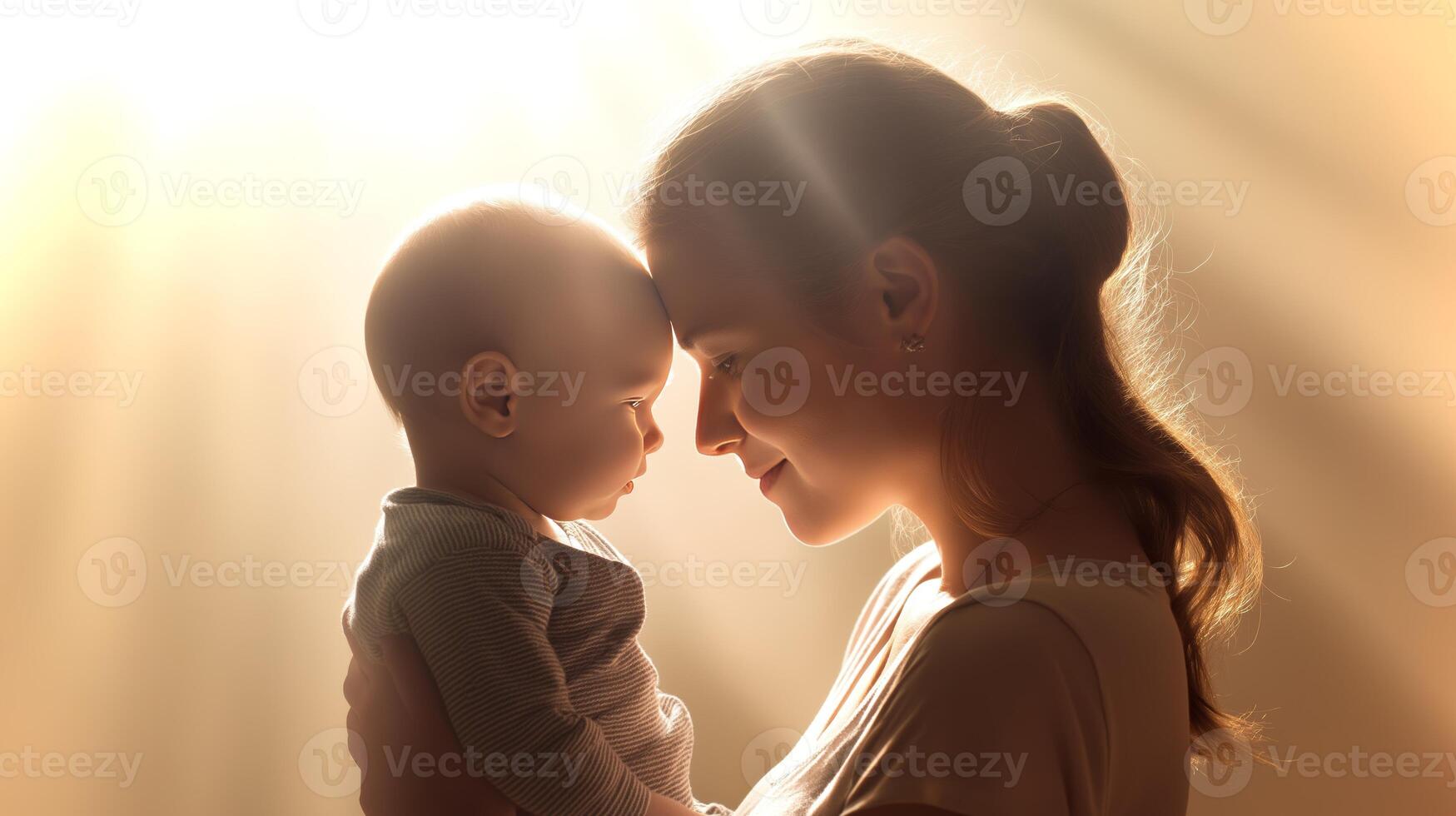 A mother lovingly cradles her baby, sharing a gentle interaction in a softly illuminated environment. Their foreheads touch, expressing deep affection and warmth. photo