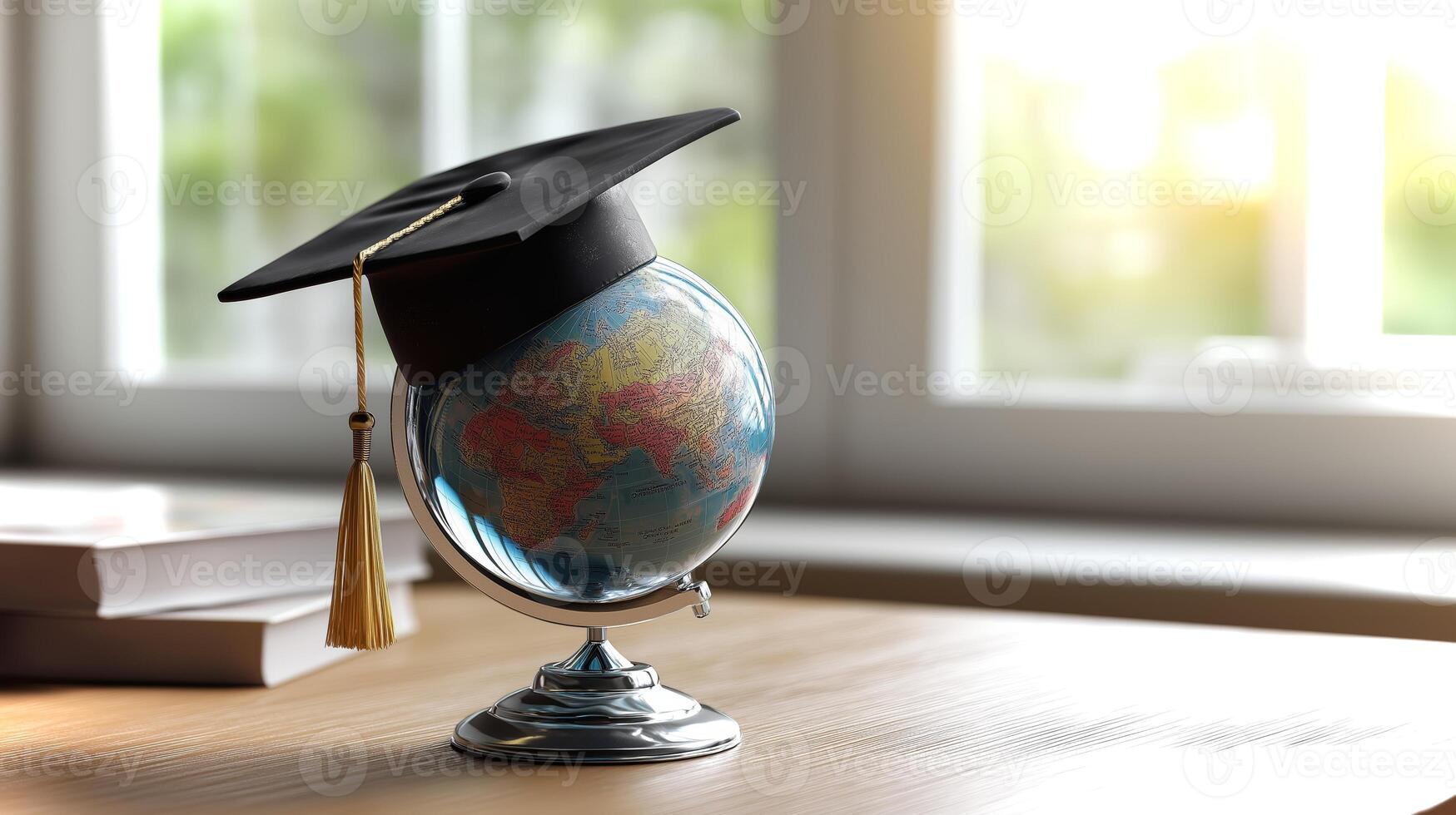 A graduation cap sits atop a miniature globe on a wooden desk, representing educational milestones and global exploration in a sunlit room. photo