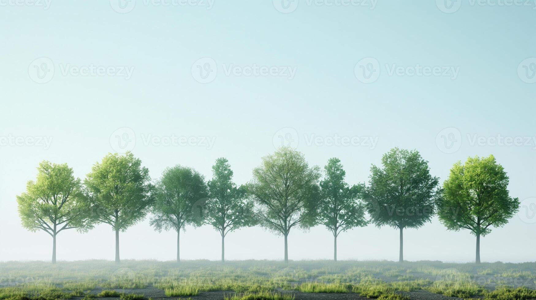 A row of lush green trees stands tall against a clear sky, symbolizing the importance of reforestation and environmental preservation in promoting biodiversity and nurturing ecosystems. photo