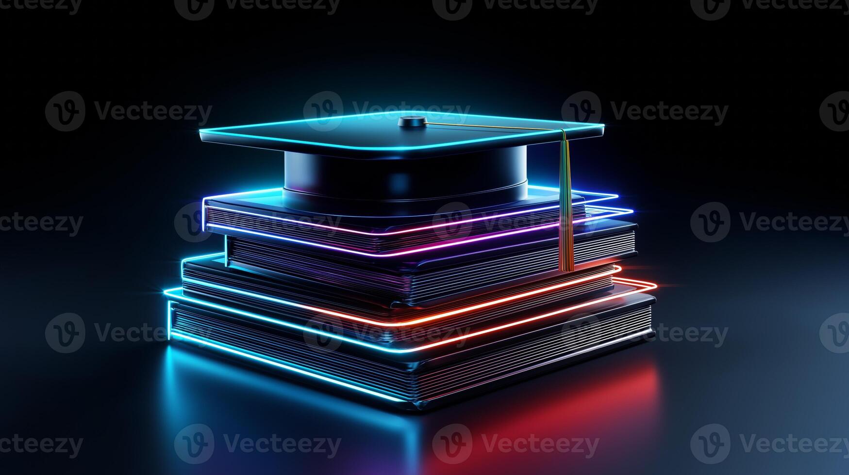 A graduation cap is positioned on a vibrant stack of glowing books, showcasing a modern aesthetic in a dimly lit atmosphere, perfect for celebrating achievements. photo