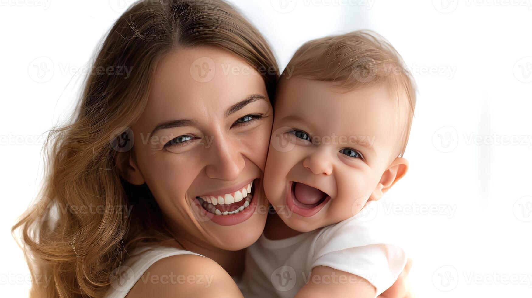 Mother and baby are sharing a joyful moment, laughing heartily in a bright indoor setting. Their expressions reflect pure happiness and love. photo