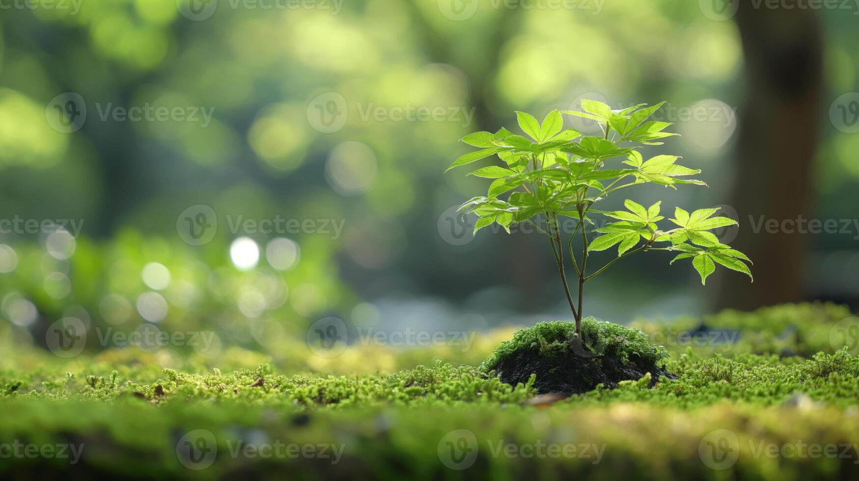 Nestled in a lush outdoor landscape, a green sapling emerges from the earth, surrounded by moss. This act symbolizes reforestation and a commitment to ecological preservation. photo