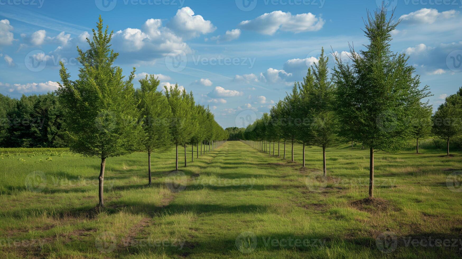 Vibrant young trees stand in neat rows, basking under a sunny sky filled with fluffy clouds. This reforestation effort enhances the green landscape and promotes biodiversity. photo