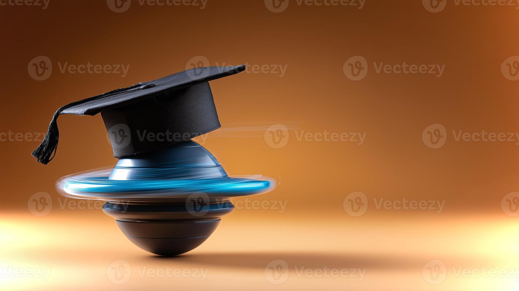 A graduation cap balances and spins effortlessly on a top toy, showcasing a playful blend of education and entertainment against a warm, inviting background. photo