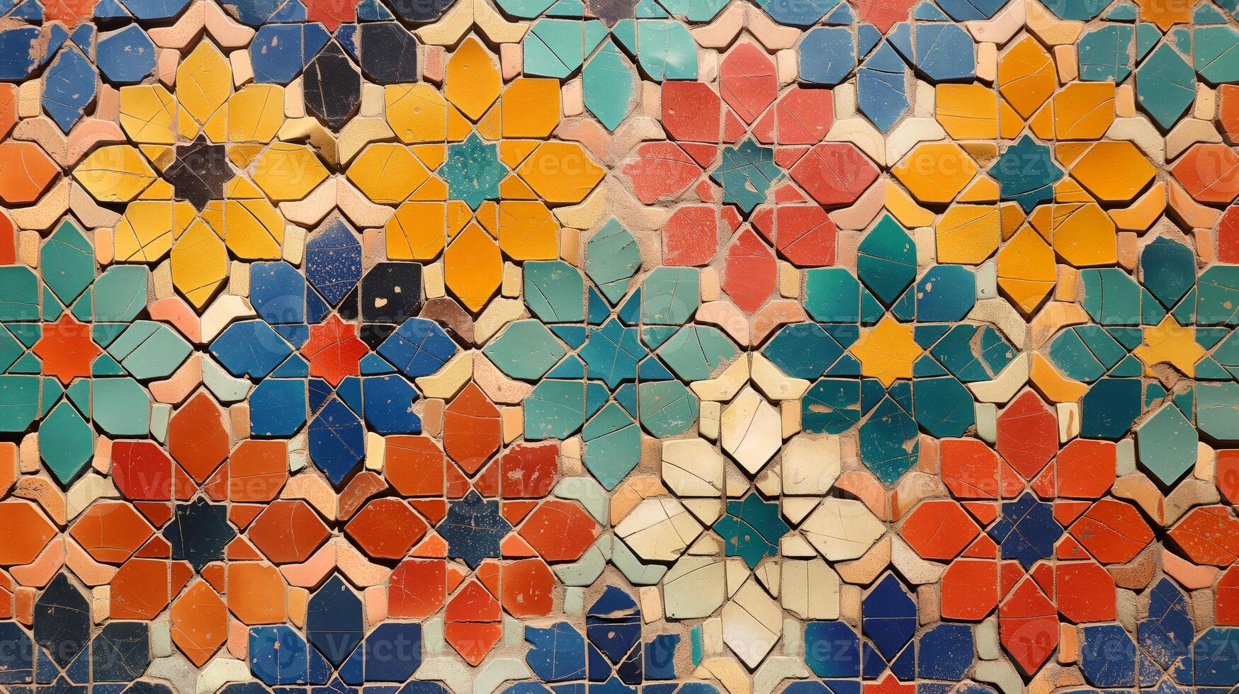 This vivid mosaic showcases a collection of colorful floral patterns created with tiles. photo