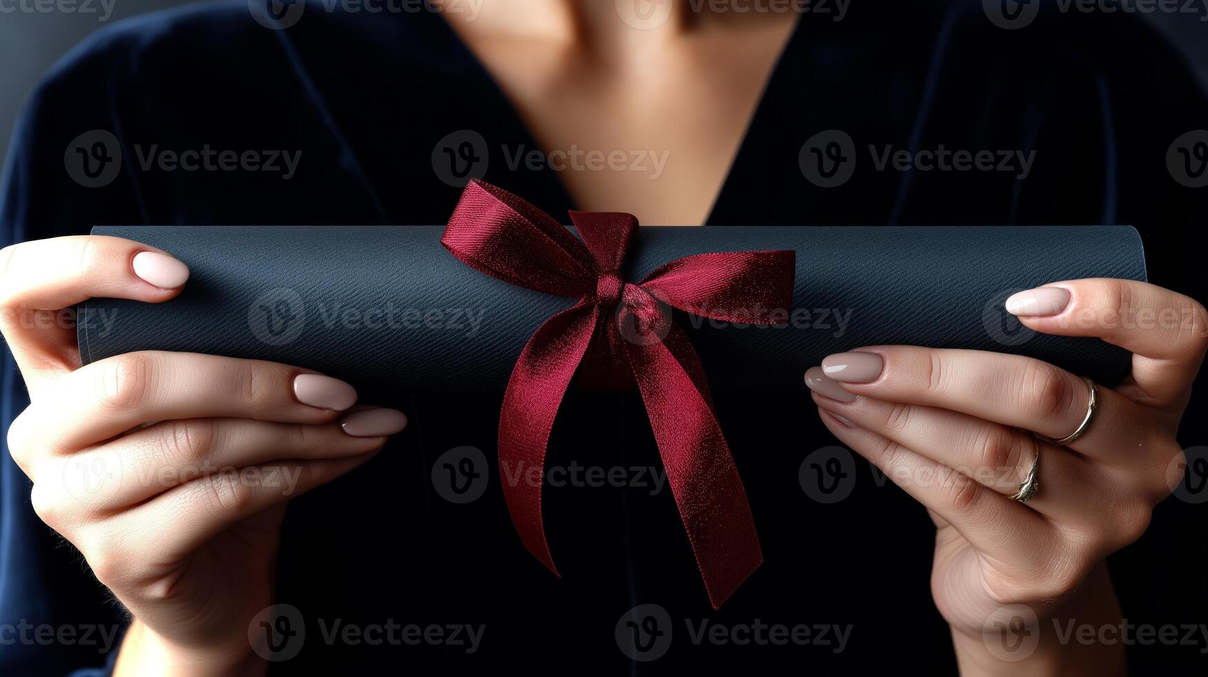 Hands hold a rolled diploma elegantly tied with a scarlet ribbon, symbolizing achievement and recognition during a celebration of graduation. photo