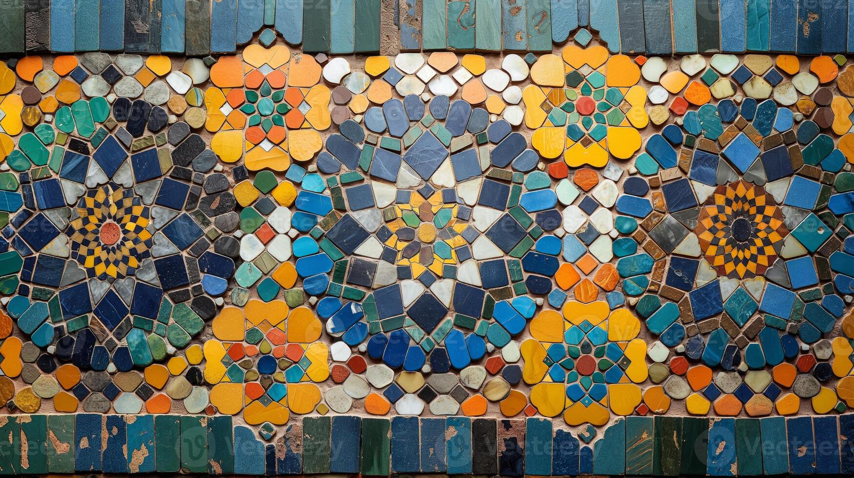 This artwork showcases a vibrant mosaic composed of diverse materials, displaying intricate patterns in blue, yellow, and orange. The harmonious design captures attention through its abstract style. photo