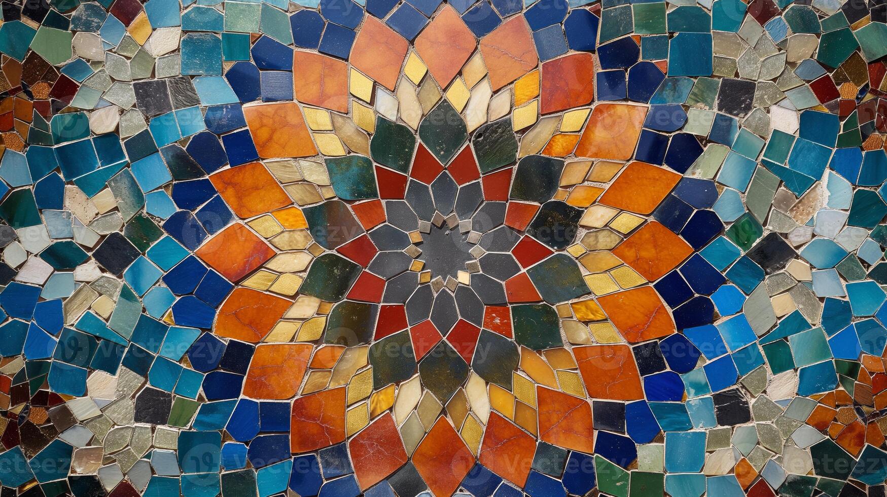 A stunning abstract mosaic composed of colorful tiles arranged in a floral pattern. photo