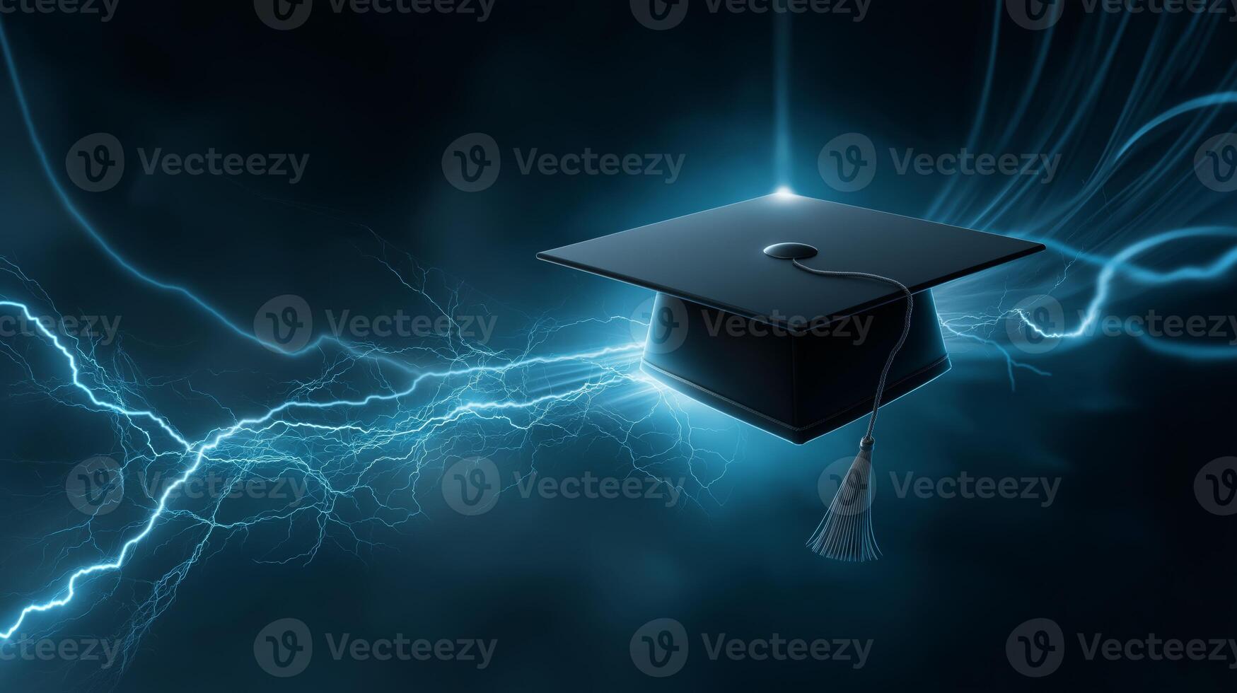 A graduation cap hovers amid bright blue electrical arcs, symbolizing achievement and energy, creating an inspiring educational theme. photo
