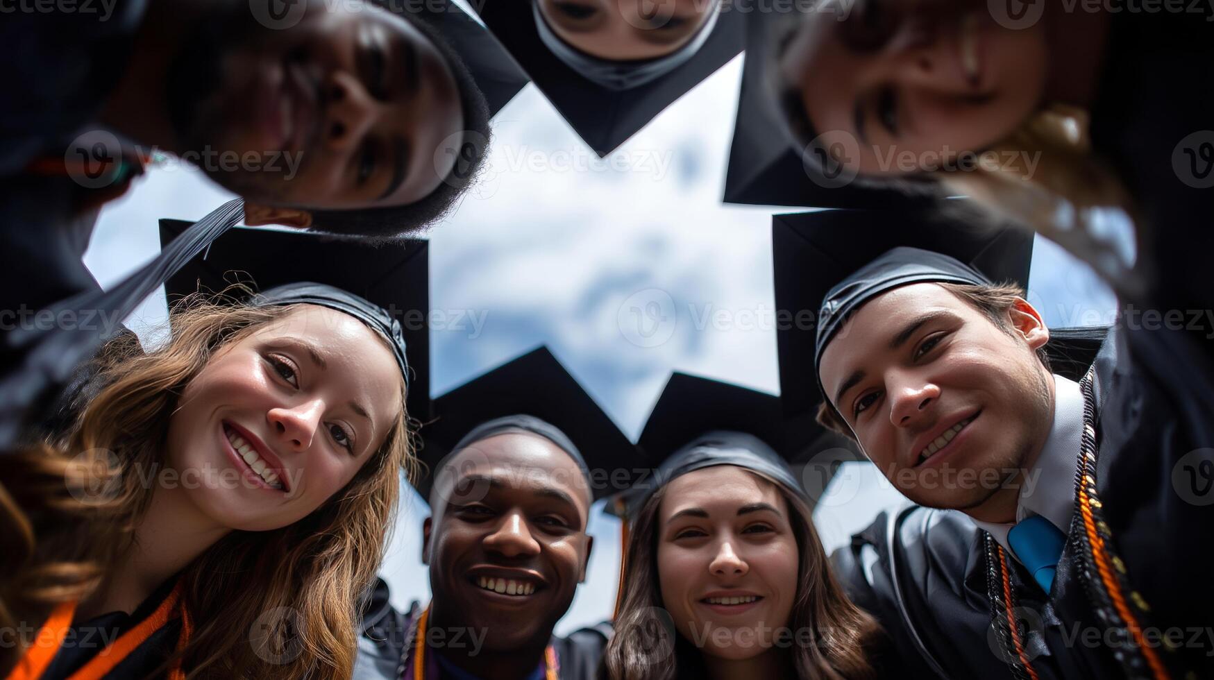 A group of graduates forms a circular arrangement, smiling and wearing caps and gowns, enjoying their graduation beneath a partly cloudy sky on a bright day. photo