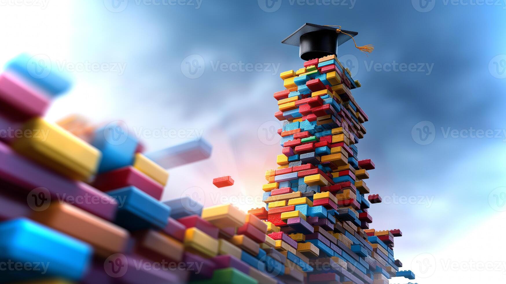 A graduation cap hovers above a tall tower constructed from vibrant blocks, symbolizing success in the field of artificial intelligence, under a dramatic sky. photo