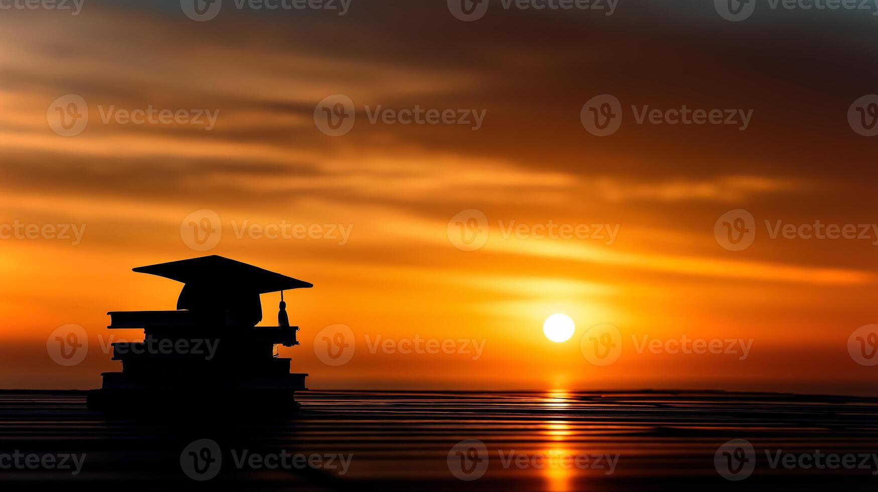 Silhouette shows a graduation cap resting atop a stack of textbooks as the sun sets on the horizon, creating a colorful sky. photo
