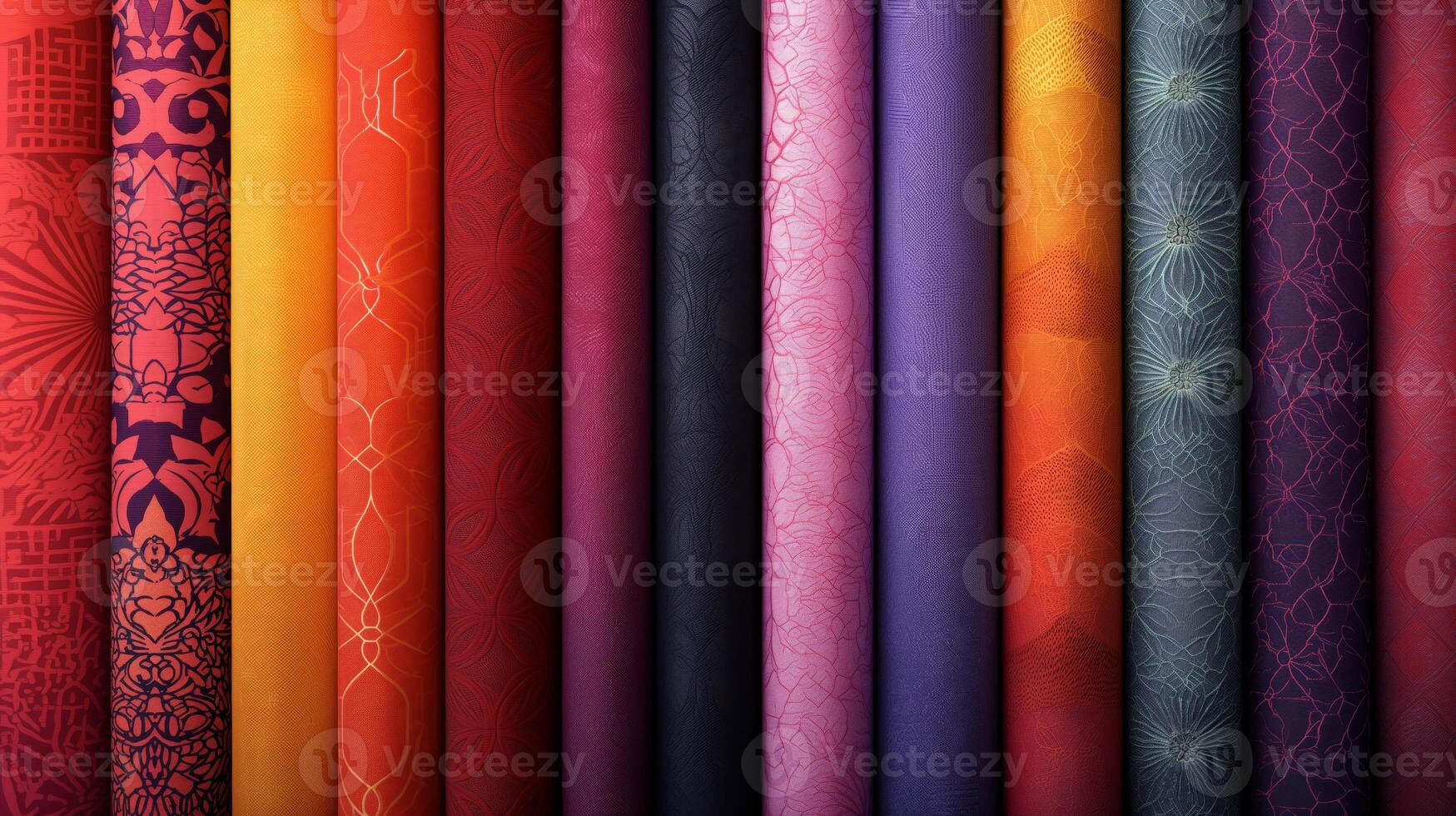 A vivid display features an assortment of fabric rolls grouped by color, highlighting intricate patterns and textures. photo