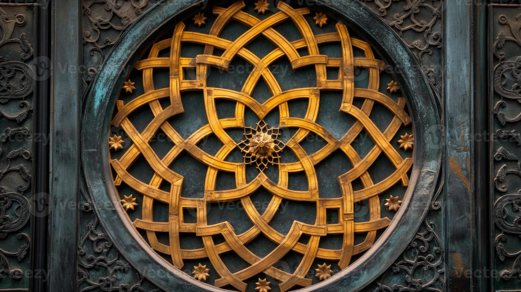 Displaying a detailed mosaic design with interwoven golden patterns on a textured dark background, creating an eye-catching abstract artwork. photo