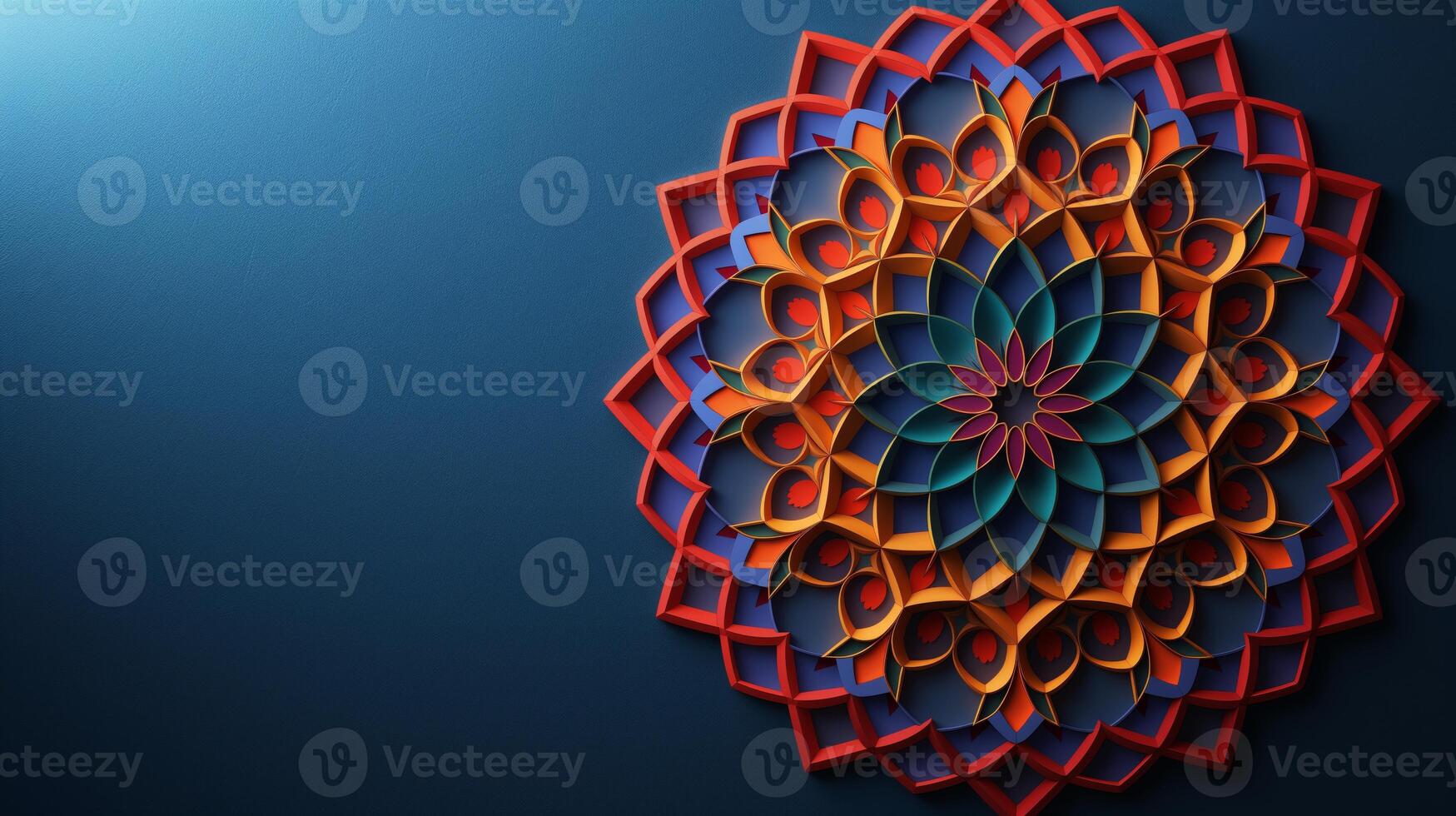 A striking abstract mosaic showcases intricate patterns and vivid colors, creating a stunning visual effect against a deep blue background. The design captures attention with its elaborate details. photo