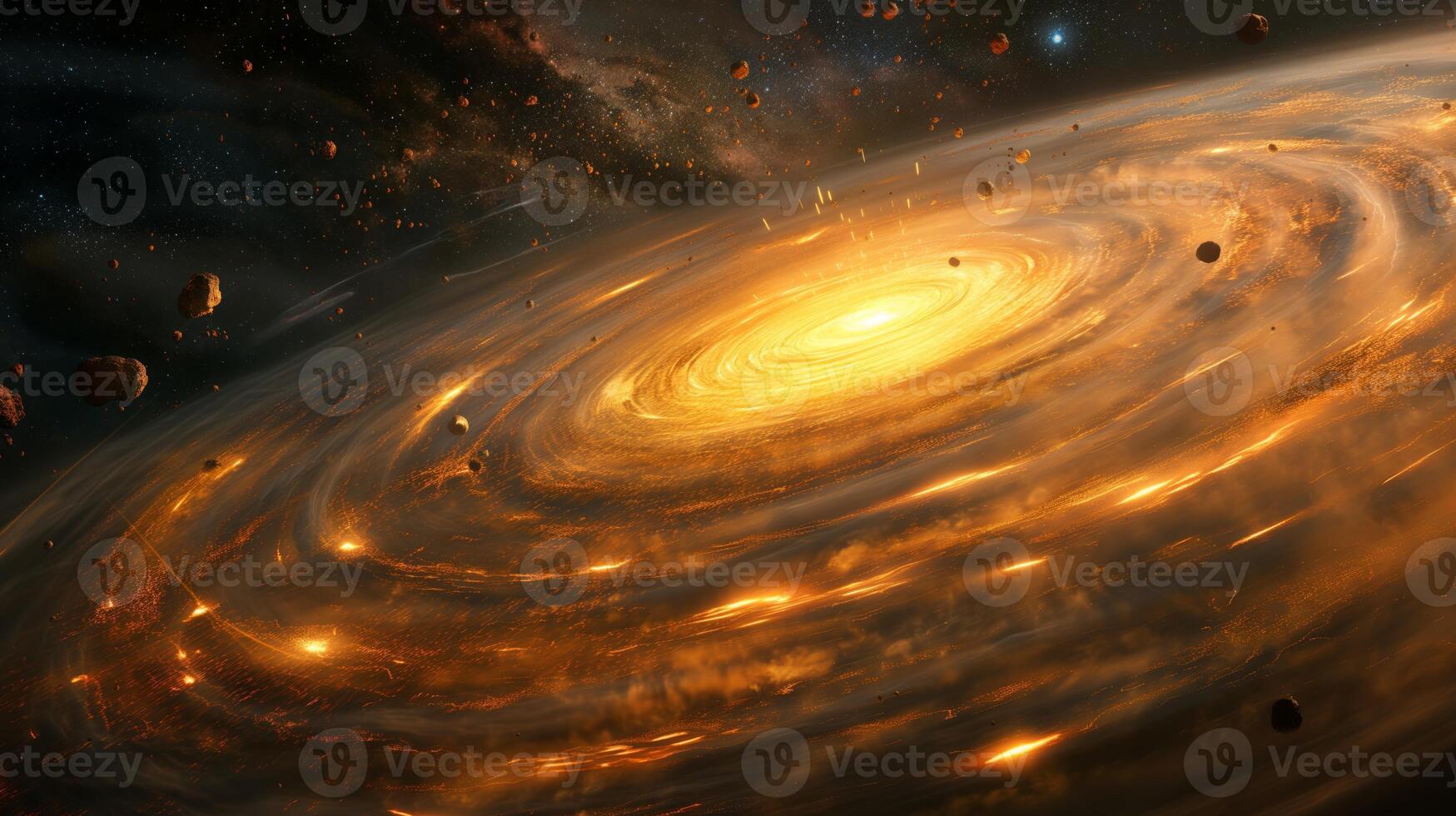 An ethereal cosmic space showcases a brilliant galaxy swirling with vibrant colors, radiant stars, and asteroids. This captivating scene evokes a sense of wonder and exploration. photo