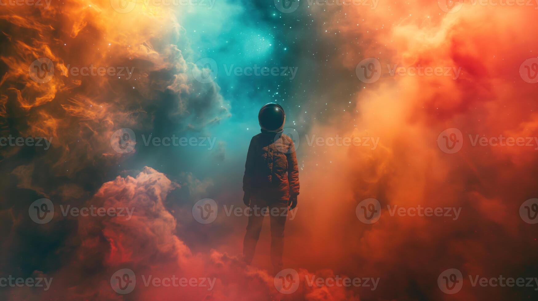 A solitary figure in an astronaut suit gazes into the mesmerizing colors of a vast cosmic landscape. Nebulas swirl around, creating a dreamlike atmosphere, inviting wonder and exploration. photo