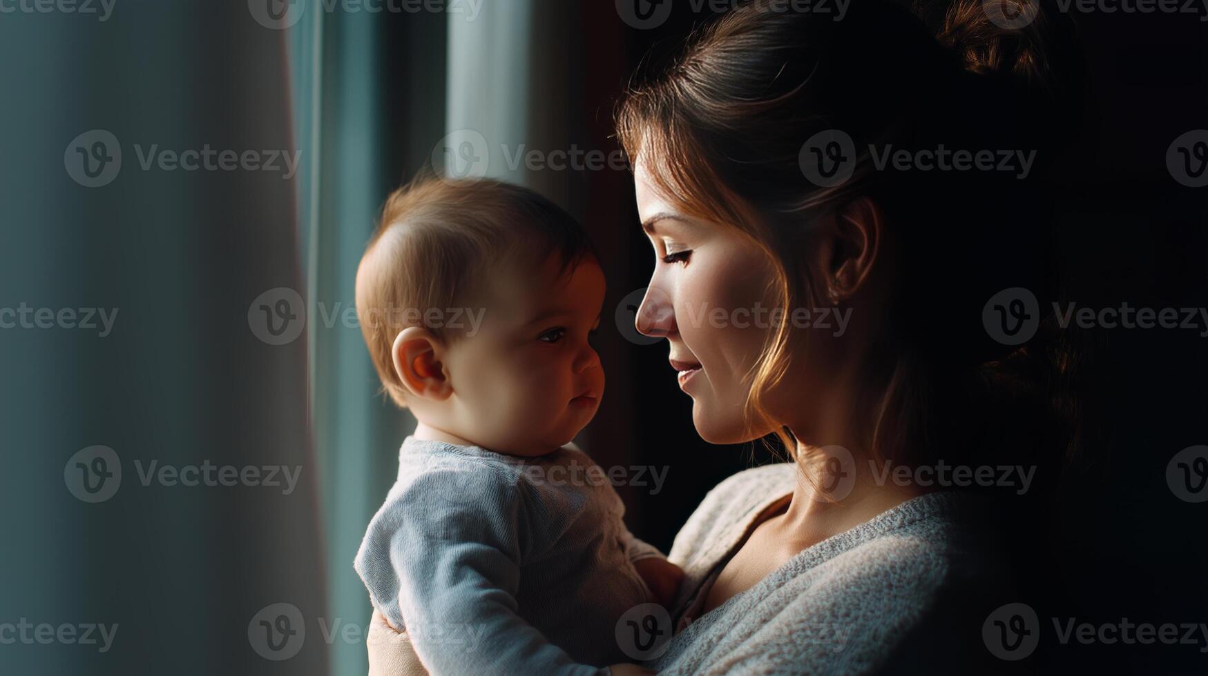 In a warm, softly lit room, a mother gazes affectionately at her baby, creating a precious bond during a peaceful afternoon together. photo