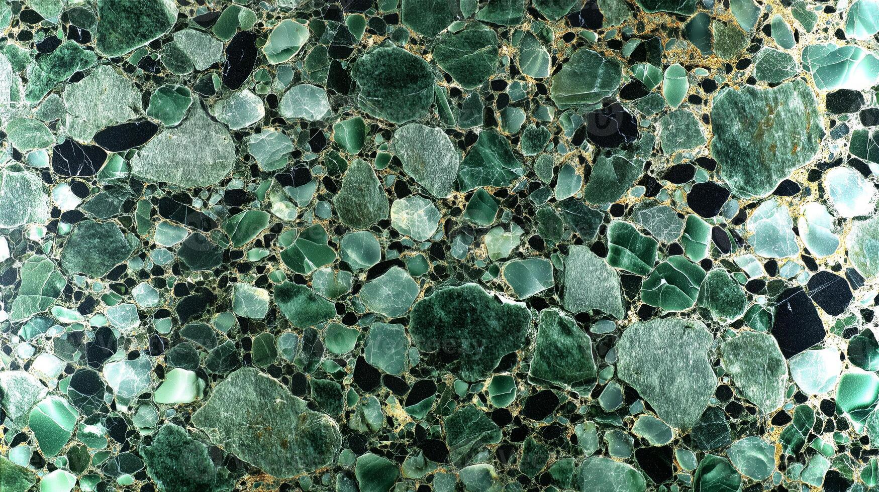 This green marble backdrop features an array of stones with organic shapes and colors, ideal for creating stylish and sustainable designs in various projects. photo