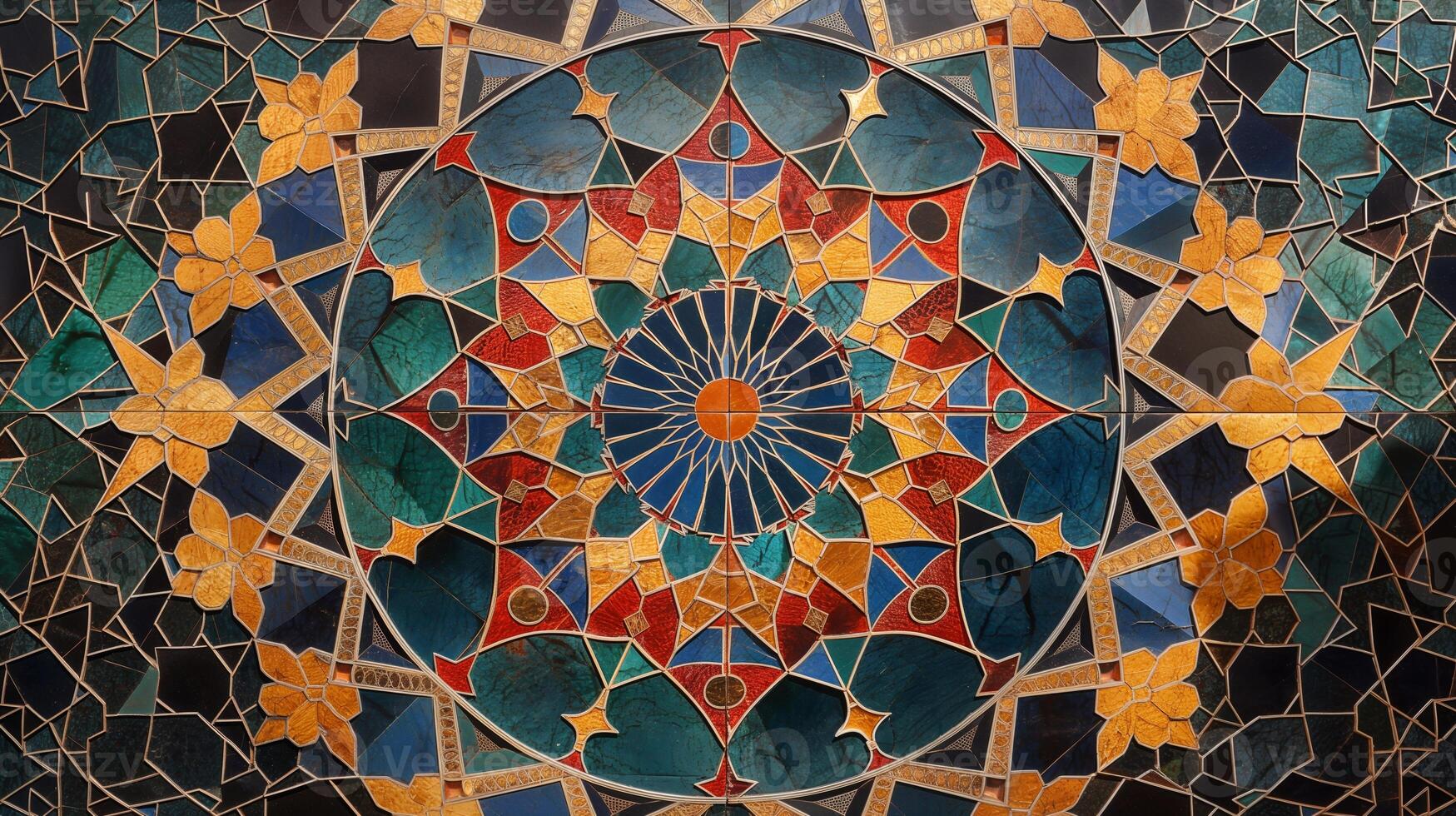 A stunning abstract mosaic features vibrant colors and geometric patterns, creating a mesmerizing visual experience. The artwork blends blue, green, and orange hues in a symmetrical arrangement. photo