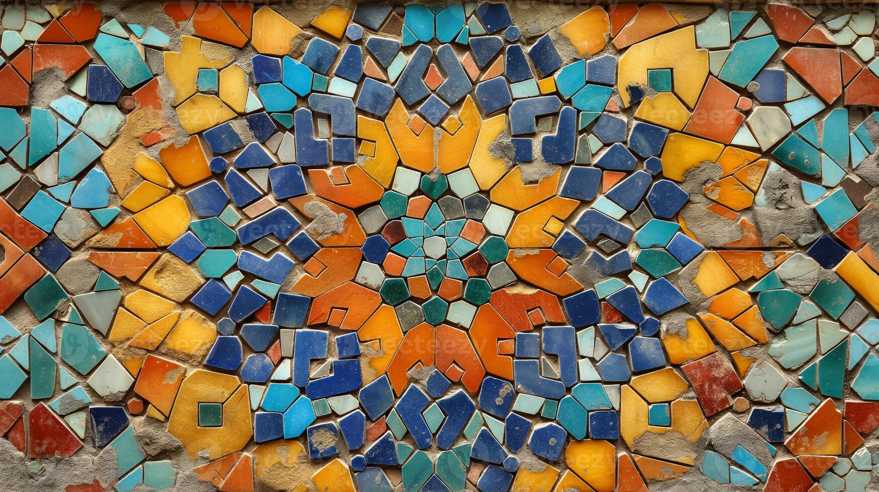 An intricate mosaic showcases an array of colorful tiles arranged in geometric patterns. Various shades of blue, orange, and yellow create a striking visual effect. photo