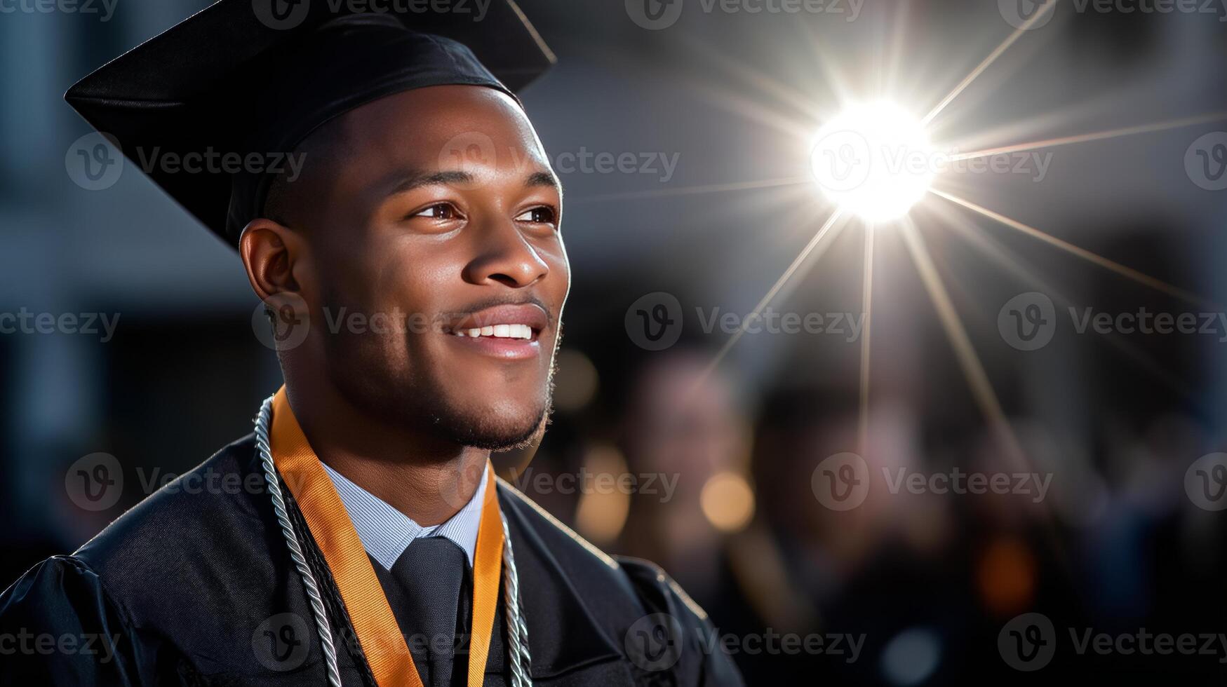 A graduate wearing an honor medallion beams with pride as sunlight glimmers around him during the commencement ceremony in a lively atmosphere. photo